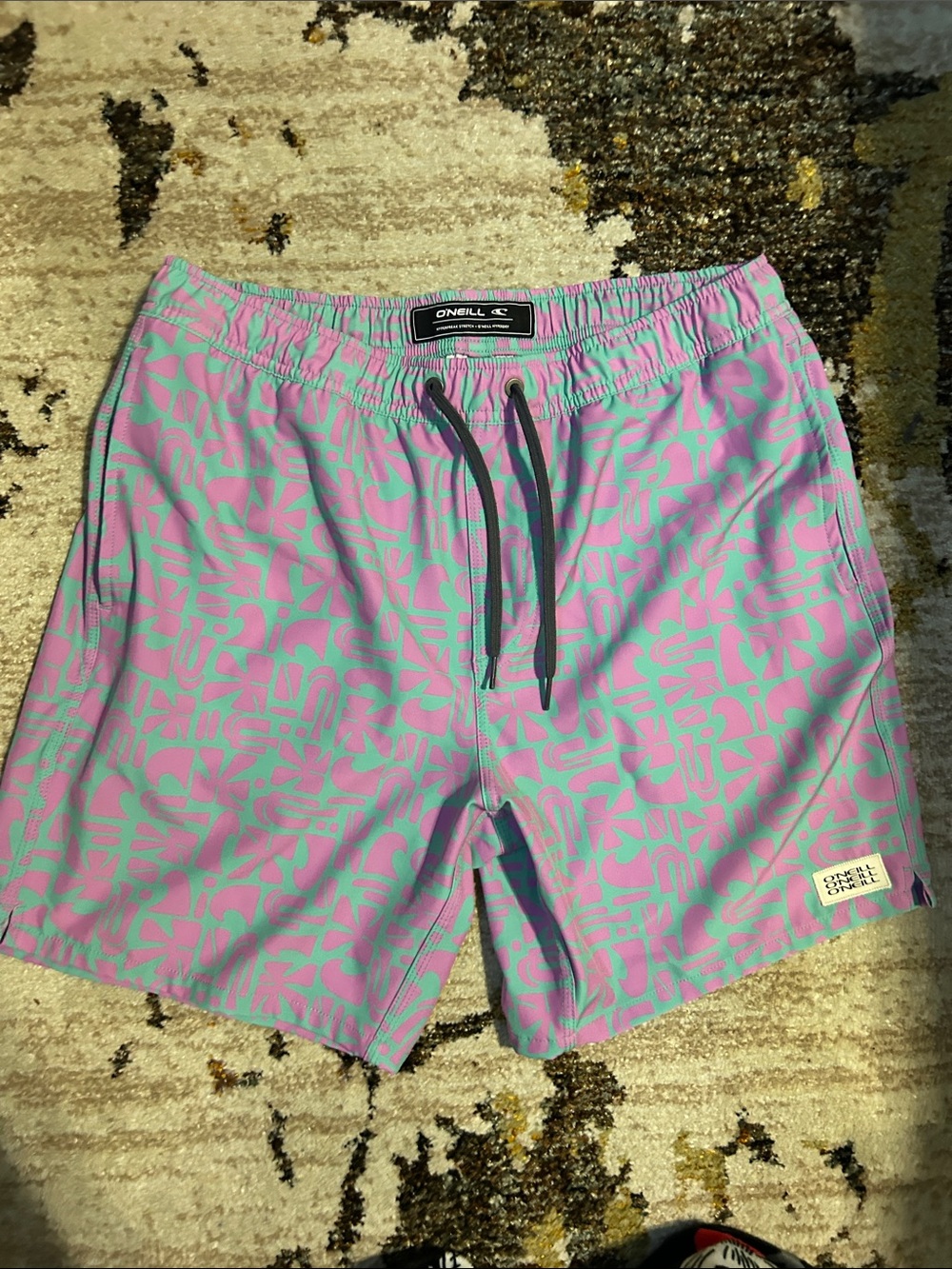 O'Neill Pink and Mint Abstract Print Swim Shorts